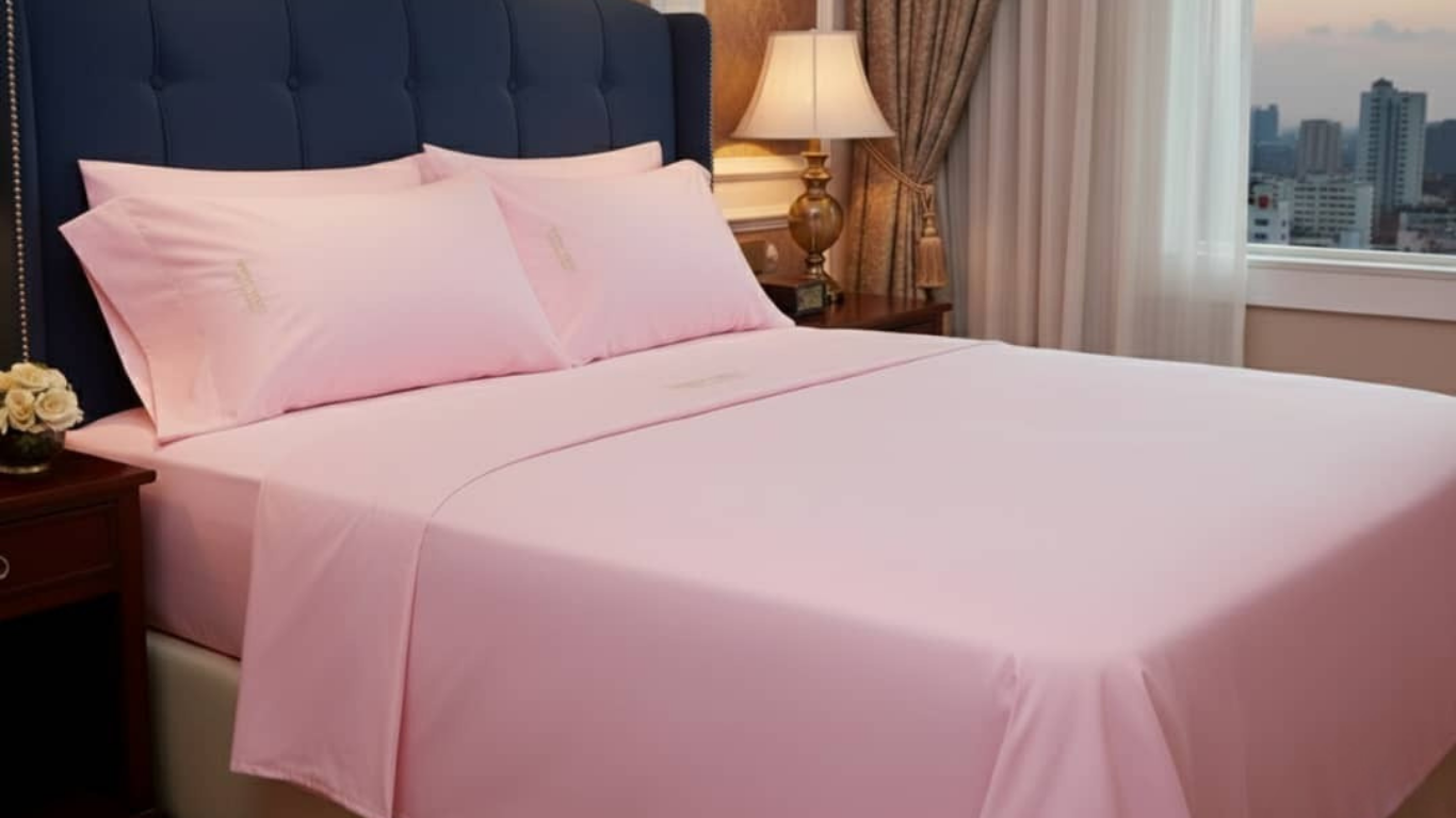 Pink bed sheets and pillows with Yahweh Homes inscription on a neatly made bed .
